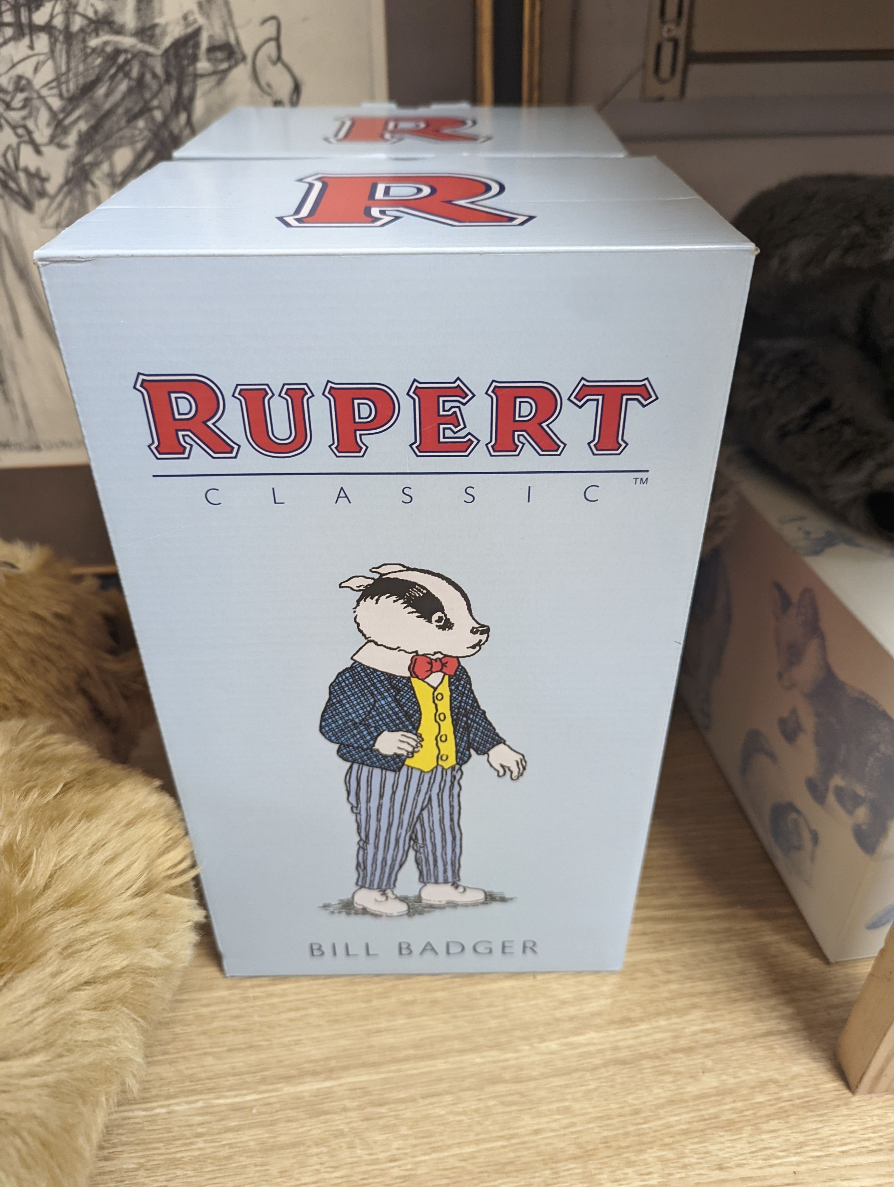 Steiff Classic 1903 bear with Steiff Limited Edition 'Algy' Pug from Rupert Series with Steiff Limited Edition 'Bill the Badger', Rupert Series both with box and certificate, bear 47 cms high.